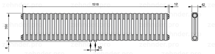 Схема (чертеж) Радиатор Zehnder Charleston 2035/33 №3470 Белый глянцевый RAL 9016